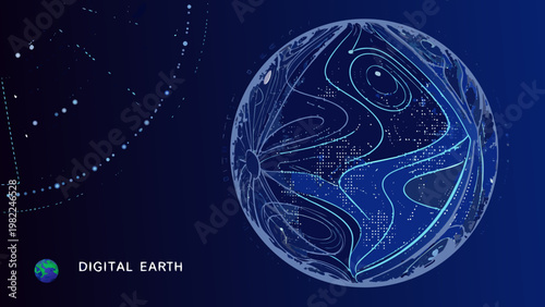 Abstract representation of a digital earth with swirling energy patterns