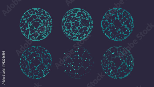 Abstract geometric egg shapes with interconnected teal wireframe designs