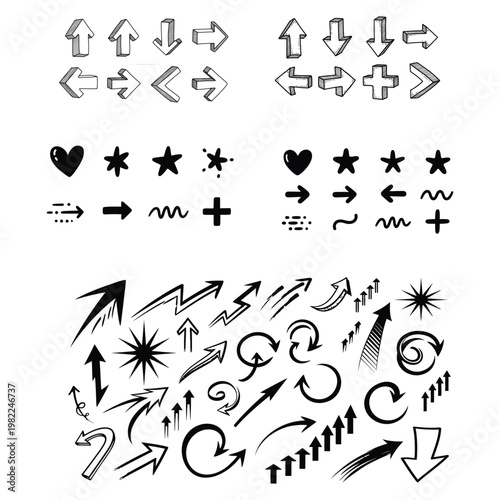Collection of hand-drawn doodle arrows hearts stars plus signs black sketch elements for graphic design and user interface with plus sign, zig zag