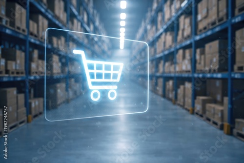 Digital shopping cart icon in modern warehouse representing ecommerce logistics and online retail