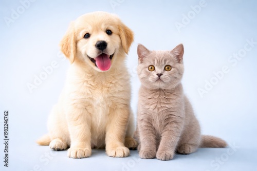 Cute puppy and kitten sitting together isolated on light background friendship and pets concept