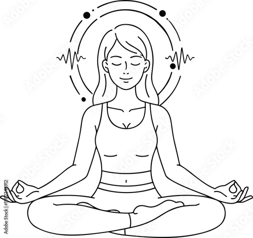 Young woman practicing yoga meditation in lotus pose for mindfulness stress relief and work life balance concept in minimalist line art vector.