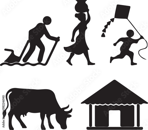 This image is a collection of silhouettes representing rural life and agriculture.     It includes a farmer plowing a field, a woman carrying a pot on her head, and a child flying a kite.  The set als