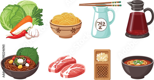 Assorted ingredients and dishes commonly used in traditional east asian cuisine preparation Vector