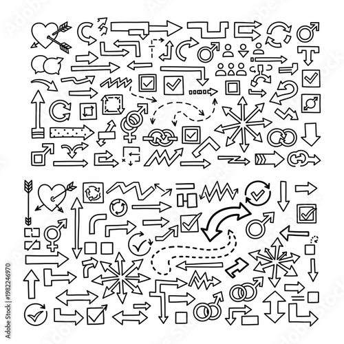 Extensive hand drawn outline arrow and icon set with dotted lines and various symbols including check marks hearts gender signs line art check mark