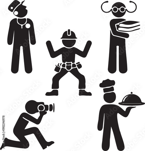 Diverse professions represented by simple black silhouettes of people