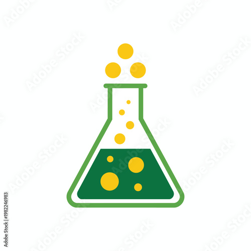 Green science flask with yellow bubbles, symbolizing chemical reaction and laboratory experiment.