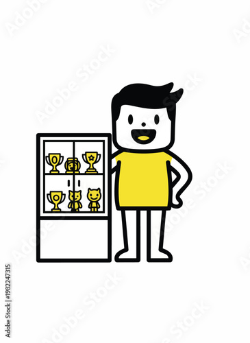 Man with trophies in display cabinet, success, achievement, winning, awards, collection, victory, celebration, sports, recognition, champion, collector.