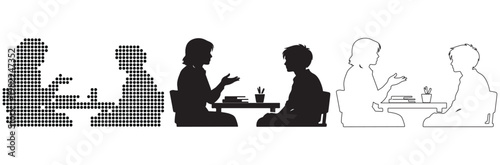 Two people in silhouette talking at a table, representing conversation and connection