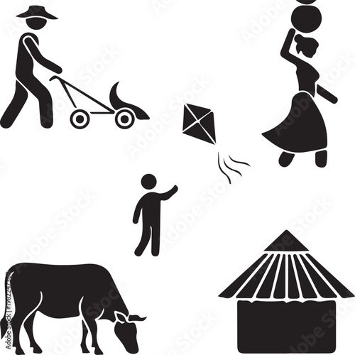 Simple black silhouettes depict rural life people animals and structures