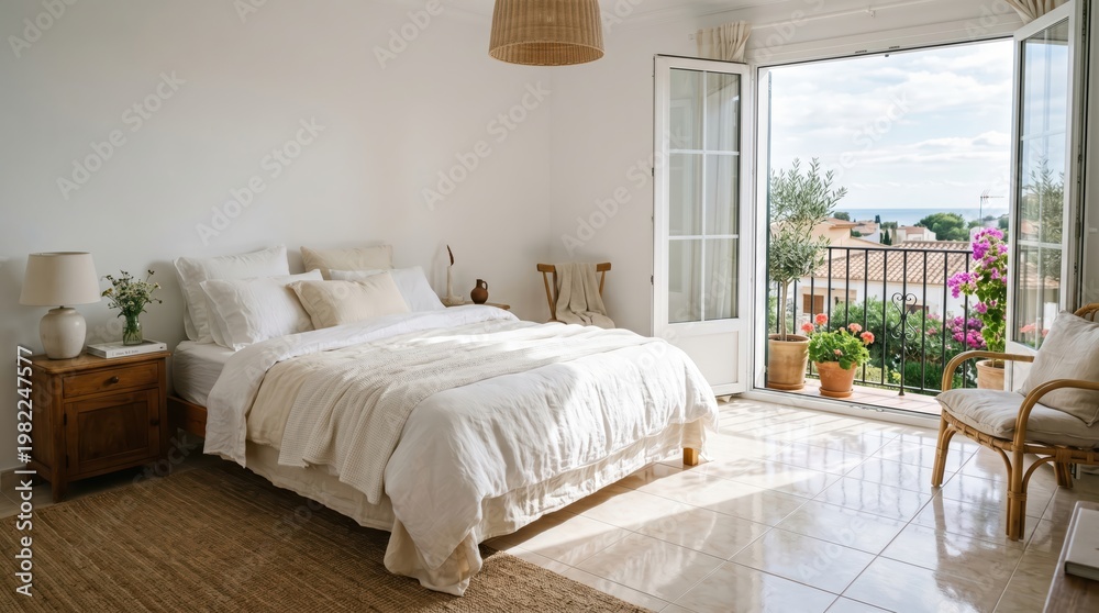 Obraz premium Bright white bedroom with open balcony and mediterranean view for interior design background and wallpaper