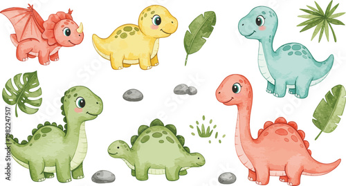 Funny cartoon vector illustration of a wild baby dinosaur with a chicken and eggs, a yellow Easter bunny, and a green snake in a blue nature zoo