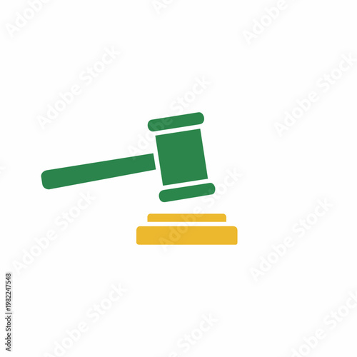 Green and yellow gavel and sound block representing justice and auction.
