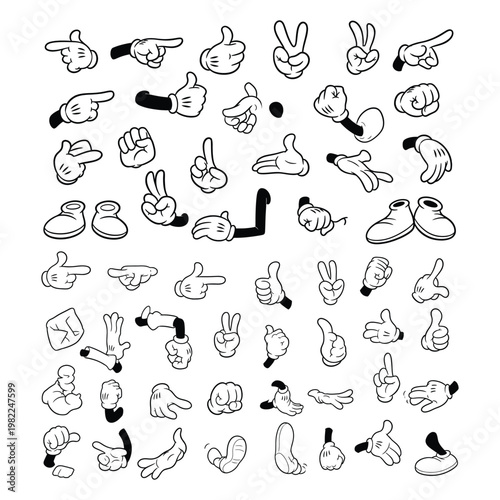 Cartoon character hands and feet in various expressive poses and gestures black and white line art illustration set thumbs up body language