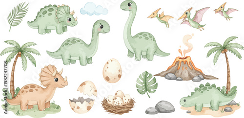 Funny cartoon vector illustration of a wild baby dinosaur with a chicken and eggs, a yellow Easter bunny, and a green snake in a blue nature zoo
