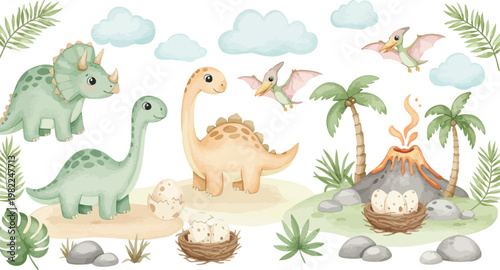 Funny cartoon vector illustration of a wild baby dinosaur with a chicken and eggs, a yellow Easter bunny, and a green snake in a blue nature zoo