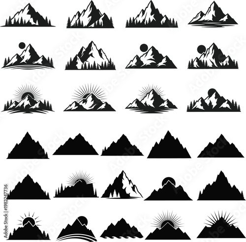 Collection of diverse mountain silhouette icons and logos representing wilderness nature outdoor landscapes in vector graphics mountain