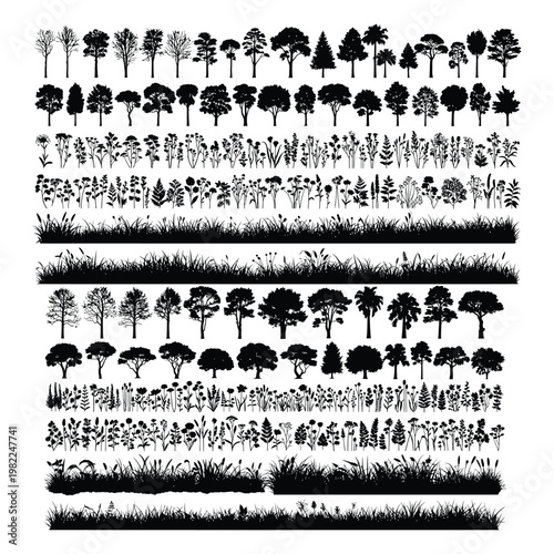 Detailed black silhouette collection of diverse trees plants foliage natural grass borders for landscape design with silhouettes landscape branches