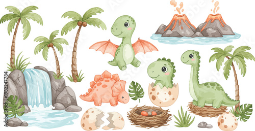 Funny cartoon vector illustration of a wild baby dinosaur with a chicken and eggs, a yellow Easter bunny, and a green snake in a blue nature zoo