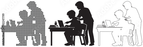Adult guiding child on computer at desk, learning and collaboration concept