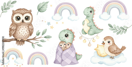 Funny cartoon vector illustration of a wild baby dinosaur with a chicken and eggs, a yellow Easter bunny, and a green snake in a blue nature zoo