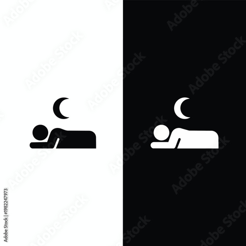 Man sleeping under moon, isolated on black and white backgrounds, symbol for rest and nighttime sleep.
