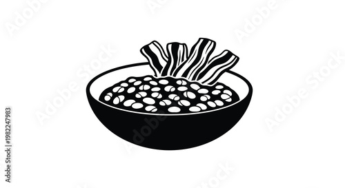 A black and white illustration depicts a bowl filled with beans and topped with bacon strips