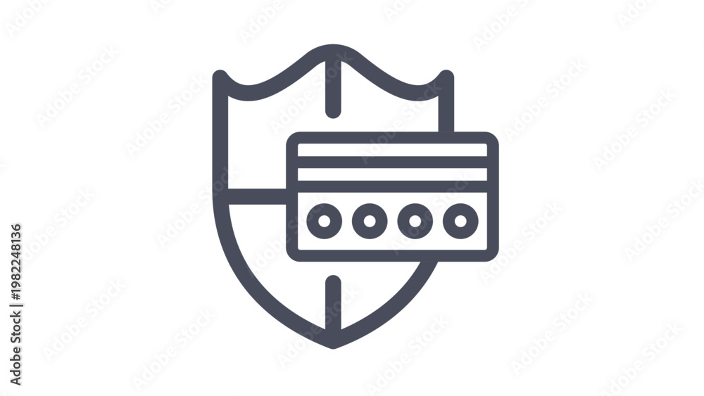 Fototapeta premium Secure Payment Protection Vector Icon. Minimalist Black Line Illustration of a Credit Card with a Shield, Representing Financial Security, Safe Online Transactions, and Banking Data Privacy.