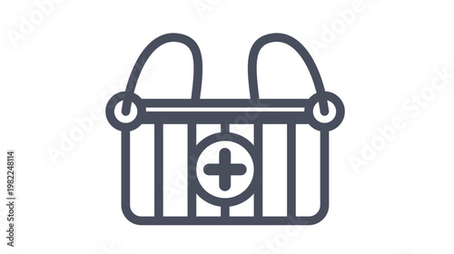 Healthcare shopping basket icon vector illustration. Minimalist black line art symbol of a pharmacy basket with a plus sign for medical supplies, online drugstore, and health product purchases.