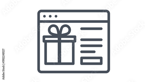 Online gift icon vector illustration featuring a browser window with a gift box and text lines, representing e-commerce, digital presents, online shopping rewards, and web-based gifting services.