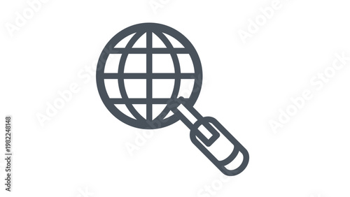 Global search vector icon illustration featuring a minimalist black line art globe and magnifying glass symbol for internet browsing, worldwide research, SEO, and web discovery concepts.