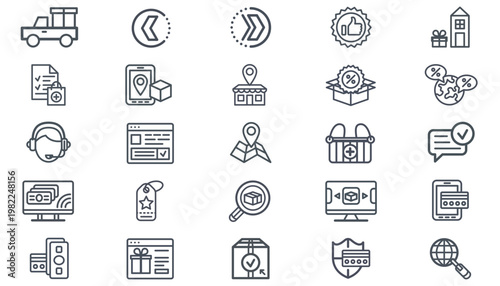 25 Vector Icon Set Collection of Black Minimalist Symbols for E-commerce, Logistics, Business, and Finance. Features Delivery, Shipping, Online Payment, Healthcare, Navigation, and Support Icons.