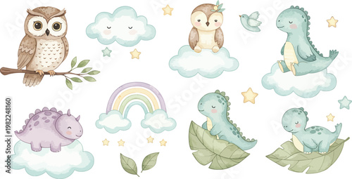 Funny cartoon vector illustration of a wild baby dinosaur with a chicken and eggs, a yellow Easter bunny, and a green snake in a blue nature zoo