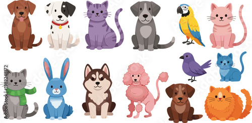 Cute Animal Icons Set Featuring Dogs, Cats, Birds, Rabbits, and More for Pet and Animal Lovers