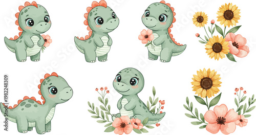 Funny cartoon vector illustration of a wild baby dinosaur with a chicken and eggs, a yellow Easter bunny, and a green snake in a blue nature zoo