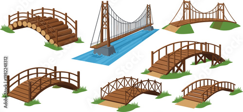 Wooden bridges set including suspension and garden bridges, outdoor landscape elements, rustic crossing structures, detailed vector illustration collection