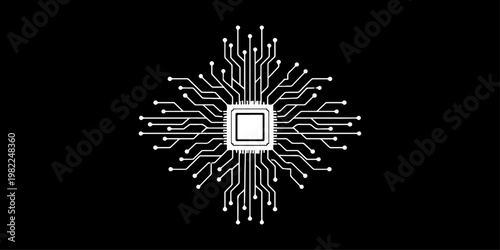 Minimalist microchip with radiating circuit board lines, monochrome vector illustration