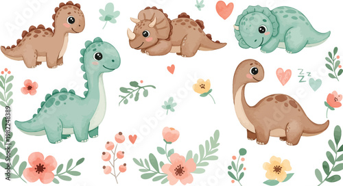 Funny cartoon vector illustration of a wild baby dinosaur with a chicken and eggs, a yellow Easter bunny, and a green snake in a blue nature zoo