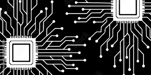 Minimalist microchip with radiating circuit board lines, monochrome vector illustration