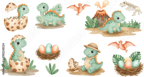 Funny cartoon vector illustration of a wild baby dinosaur with a chicken and eggs, a yellow Easter bunny, and a green snake in a blue nature zoo