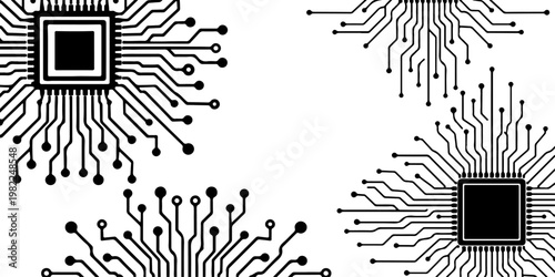 Minimalist microchip with radiating circuit board lines, monochrome vector illustration