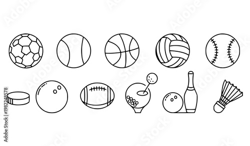 Minimal sports ball icons outline soccer basketball tennis volleyball black and white vector illustration isolated on white