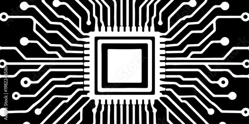 Minimalist microchip with radiating circuit board lines, monochrome vector illustration
