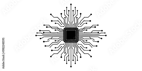 Minimalist microchip with radiating circuit board lines, monochrome vector illustration