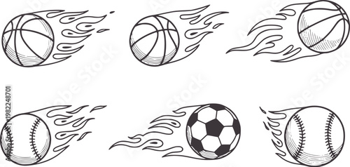 Basketball baseball soccer balls with flames in style