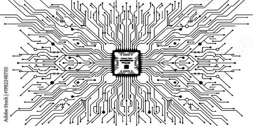Minimalist microchip with radiating circuit board lines, monochrome vector illustration