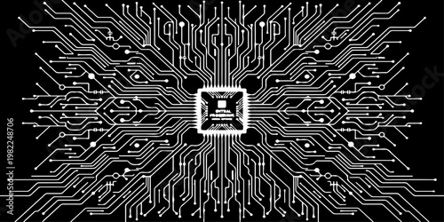 Minimalist microchip with radiating circuit board lines, monochrome vector illustration