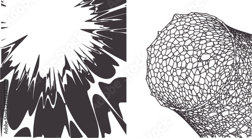 Abstract dark gray shapes radiating outwards and a geodesic dome structure