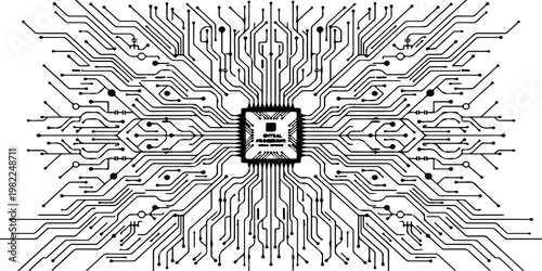 Minimalist microchip with radiating circuit board lines, monochrome vector illustration