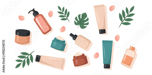 Natural organic skincare products illustration with botanical leaves and flower petals for wellness and beauty marketing